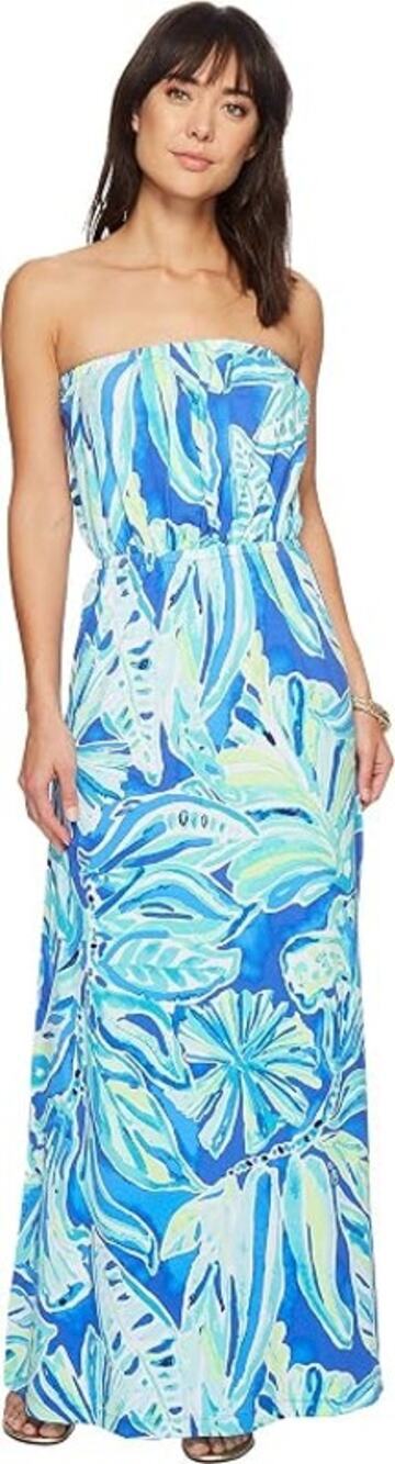 Lilly Pulitzer Marlisa Strapless Maxi Dress Beckon Blue Palm Passage Women's L